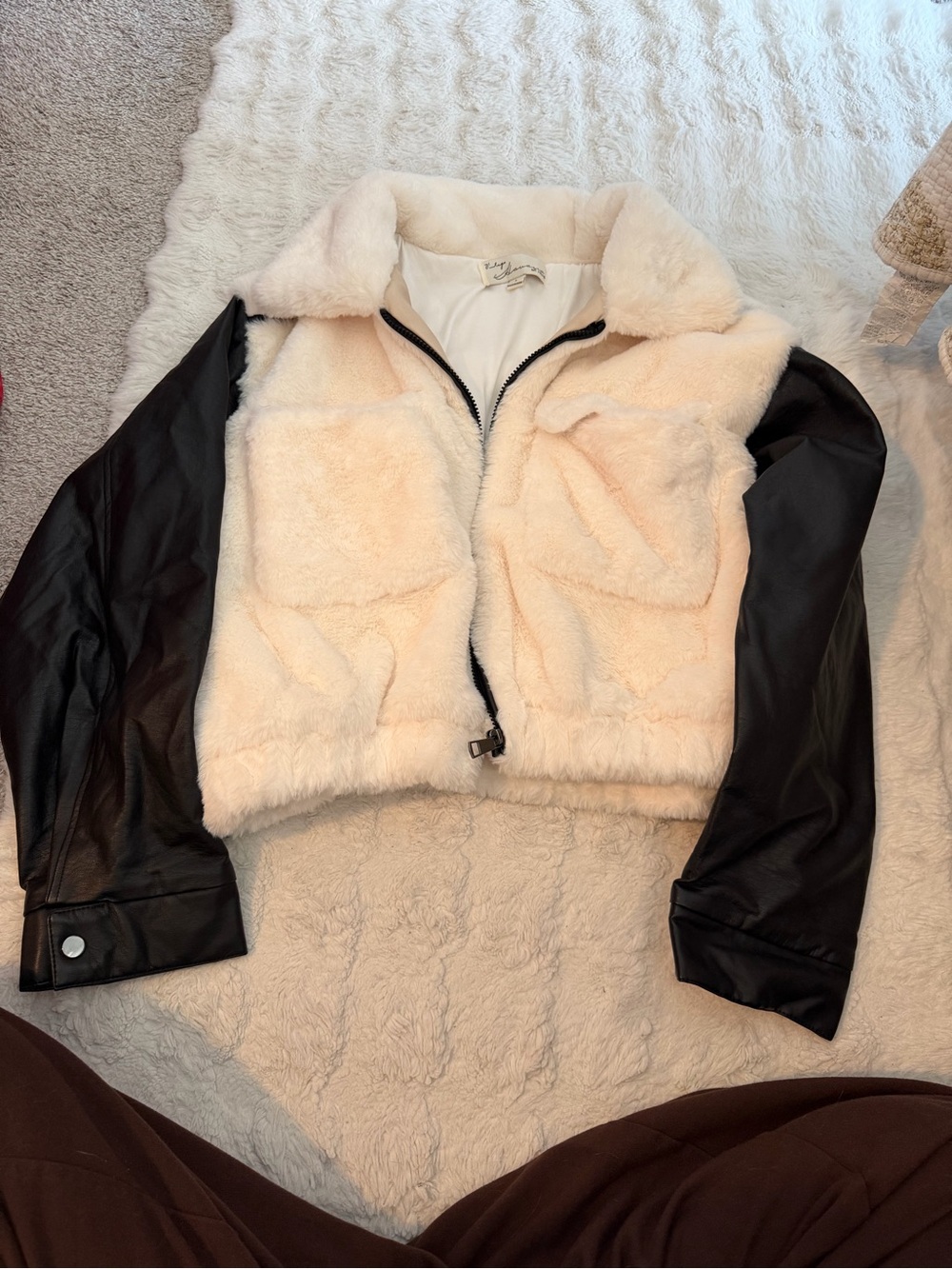 Vintage Havana Cream Teddy Jacket with Black Faux-Leather Sleeves